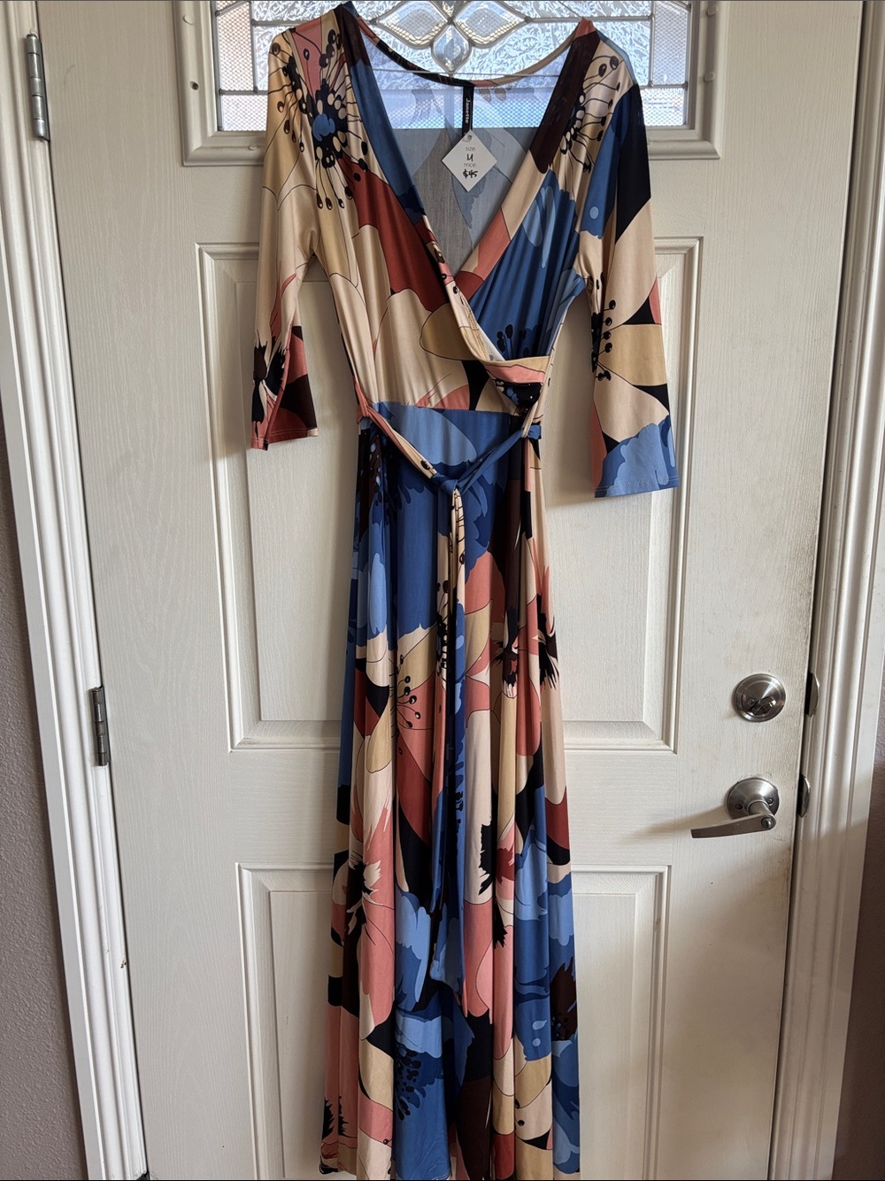 Abstract Wrap Maxi Dress in Blue, Pink & Cream